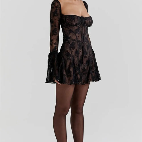 Load image into Gallery viewer, Elegant Print Mini Dress For Women Autumn Winter New Square Collar Long Sleeve Backless Loose Club Party Sexy Dress
