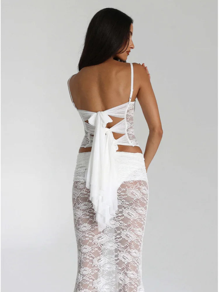 Sexy Lace Patchwork Tight Hollow Out Top Perspective Slim Long Skirt Women Set Temperament Party Vacation Beach Club Set