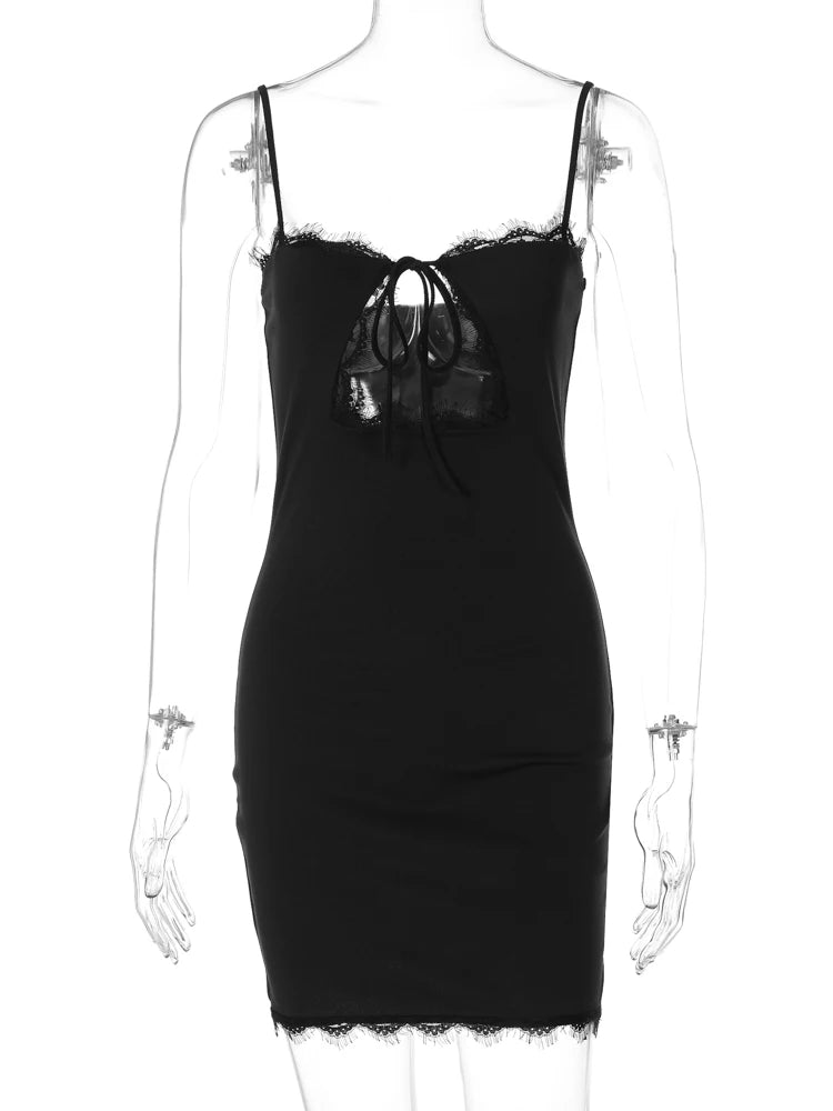 Black Slips Backless Hollow Out Lace Up Sexy Bodycon Elegant Mini Dress Summer Women New Y2K Outfits Festival Nightclub