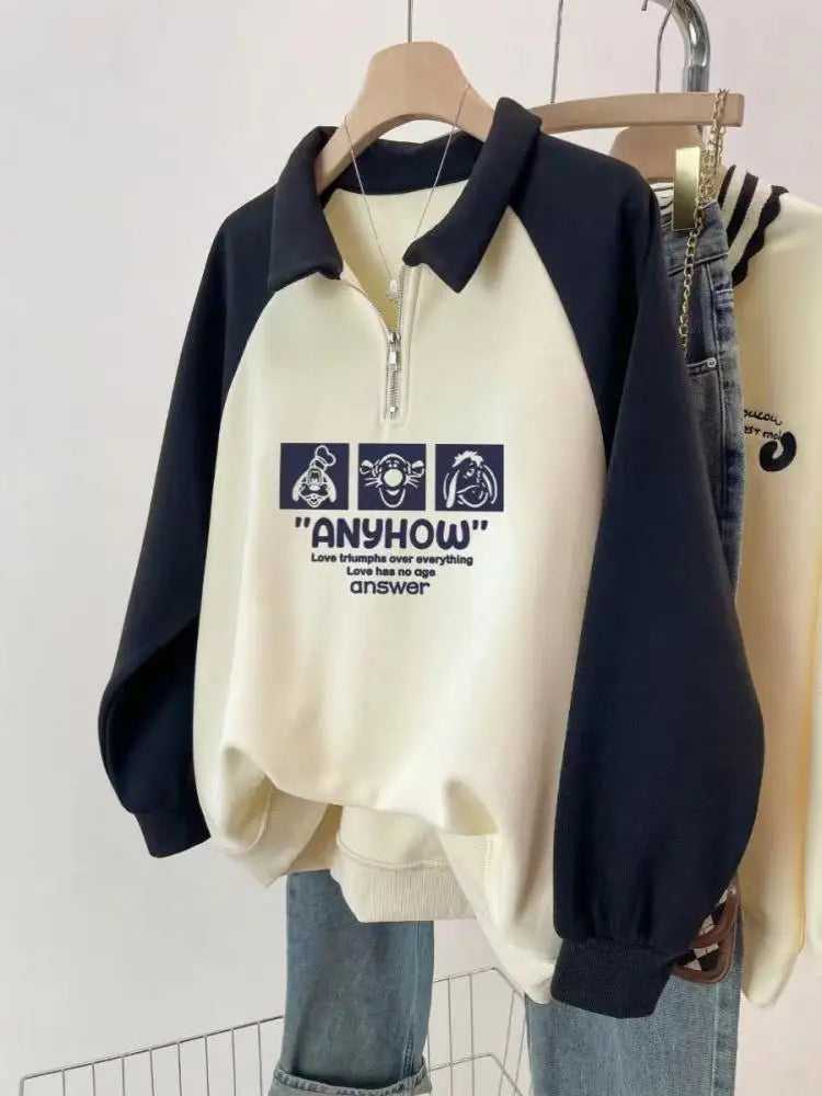 Korean 2024 Autumn Winter New Beige Patchwork Letter Print Zipper Sweatshirt Women Long Sleeve Loose Pullover Tops Casual Trendy