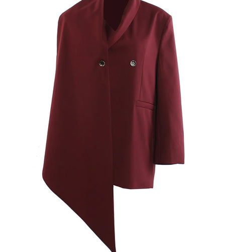 Women Wine Red Irregular Big Size Blazer New Scarf Collar Long Sleeve Jacket Fashion Tide Spring Autumn 2025 1DH9437