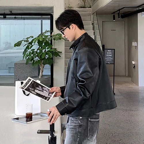 Load image into Gallery viewer, Men&#39;s Jacket New American Style Motorcycle PU Leather Trendy Stand Collar Solid Color Stylish Male Casual Clothing 9W1820
