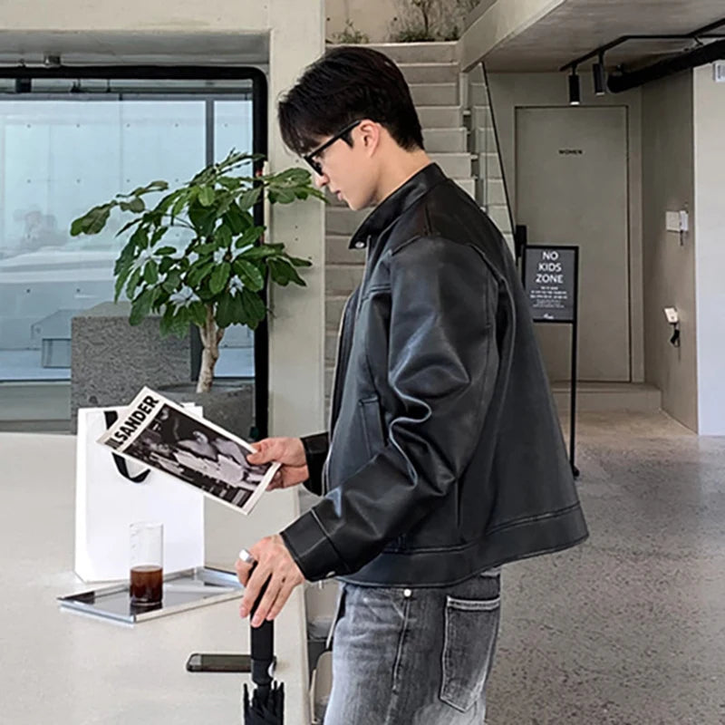 Men's Jacket New American Style Motorcycle PU Leather Trendy Stand Collar Solid Color Stylish Male Casual Clothing 9W1820