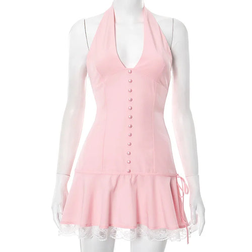 Load image into Gallery viewer, Halter Backless Sexy Mini Dress Women Robe Summer New Lace Patchwork Sleeveless V Neck High Waist Ruffled Dress 2025
