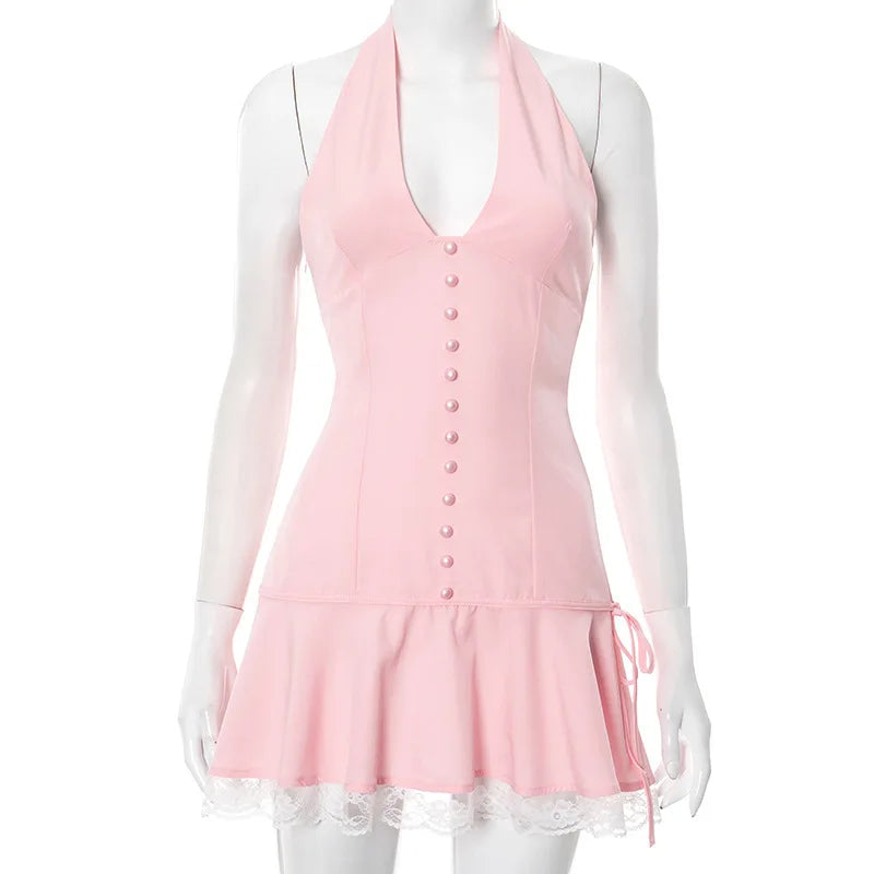 Halter Backless Sexy Mini Dress Women Robe Summer New Lace Patchwork Sleeveless V Neck High Waist Ruffled Dress 2025