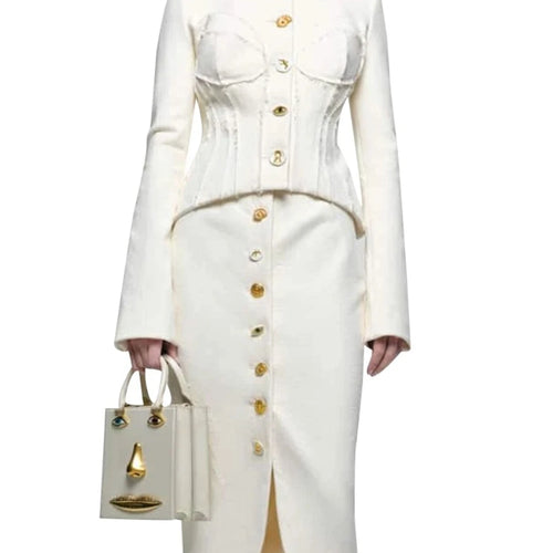 Load image into Gallery viewer, Solid Spliced Single Breasted Two Piece Sets for Women Round Neck Long Sleeves Top High Waist Split Skirt Set Female
