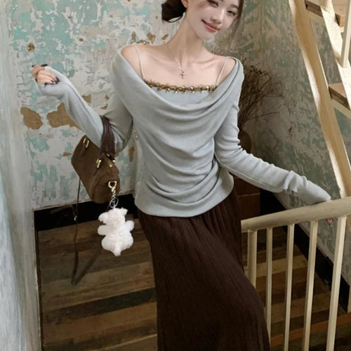 Load image into Gallery viewer, Korean Chic Fake Two Piece Long Sleeve T-Shirts Y2k Aesthetic Sequined Slim Women's Tops Harajuku Pleated Bottoming Tees Femme
