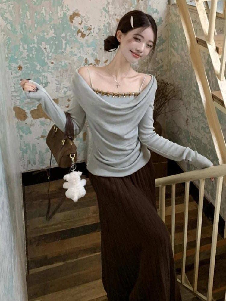 Korean Chic Fake Two Piece Long Sleeve T-Shirts Y2k Aesthetic Sequined Slim Women's Tops Harajuku Pleated Bottoming Tees Femme