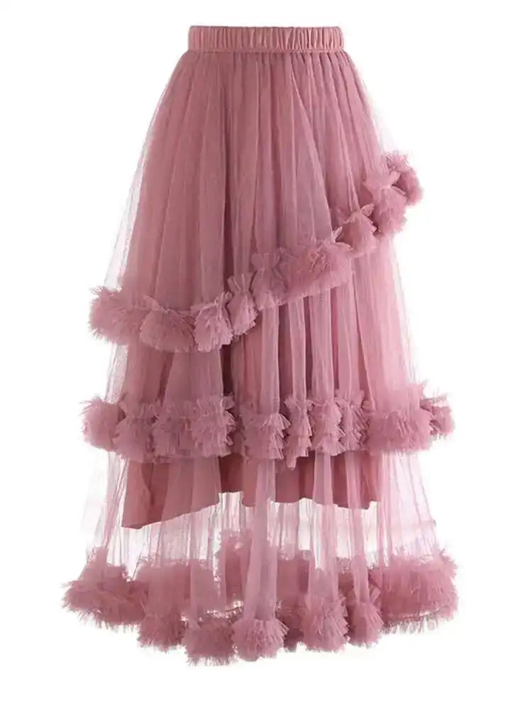 High Elastic Waist Yellow Mesh Ruffles Irregular A-line Half-body Skirt Women Fashion Tide New Spring Autumn 2025 1DH9405