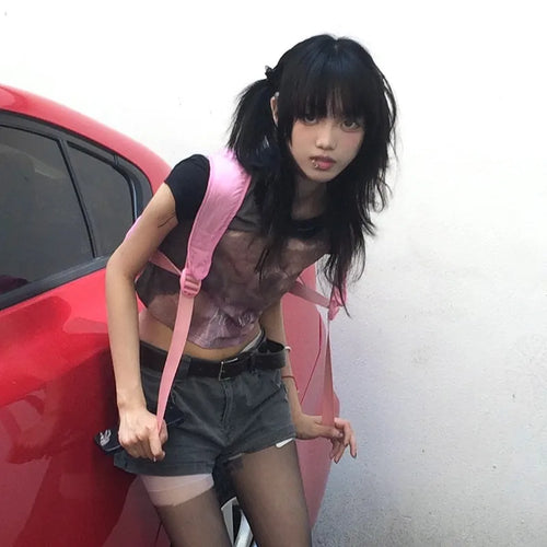 Load image into Gallery viewer, Japanese Y2k Crop Top 2000s Aesthetics Bear Print Short Sleeve T-shirt Vintage Harajuku Lace Patchwork Tee Shirt Lolita
