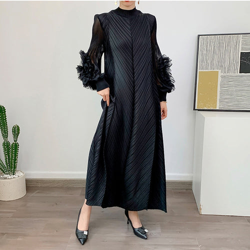 Load image into Gallery viewer, Loose Minimalist Ruffles Dresses For Women Round Neck Long Sleeve High Waist Pullover Dress Female Fashion
