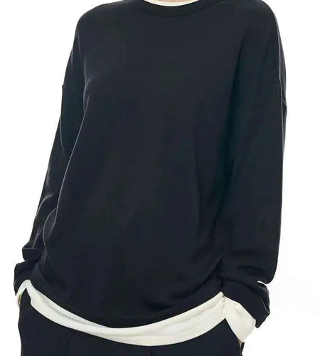 Women Black Hem Color-block Big Size Casual T-shirt New Round Neck Long Sleeve Fashion Tide Spring Autumn 2025 1DH8666