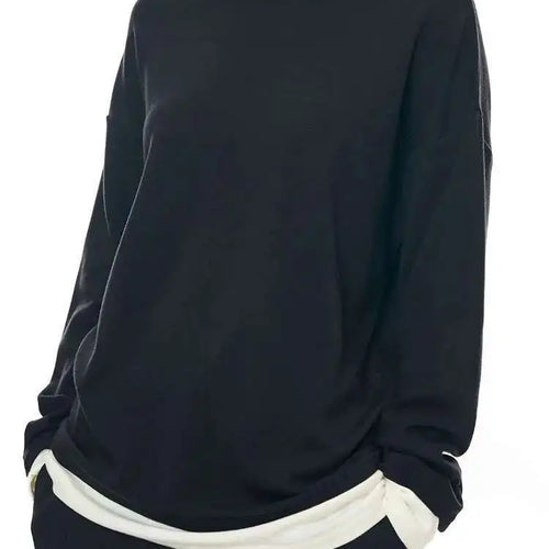 Load image into Gallery viewer, Women Black Hem Color-block Big Size Casual T-shirt New Round Neck Long Sleeve Fashion Tide Spring Autumn 2025 1DH8666
