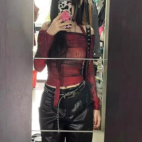 Load image into Gallery viewer, Women Gauze Y2k Aesthetic Crop Top Harajuku Slim Fit Vintage Sexy Print T-shirt Summer Streetwear Slash Neck Grunge Fairy Tees
