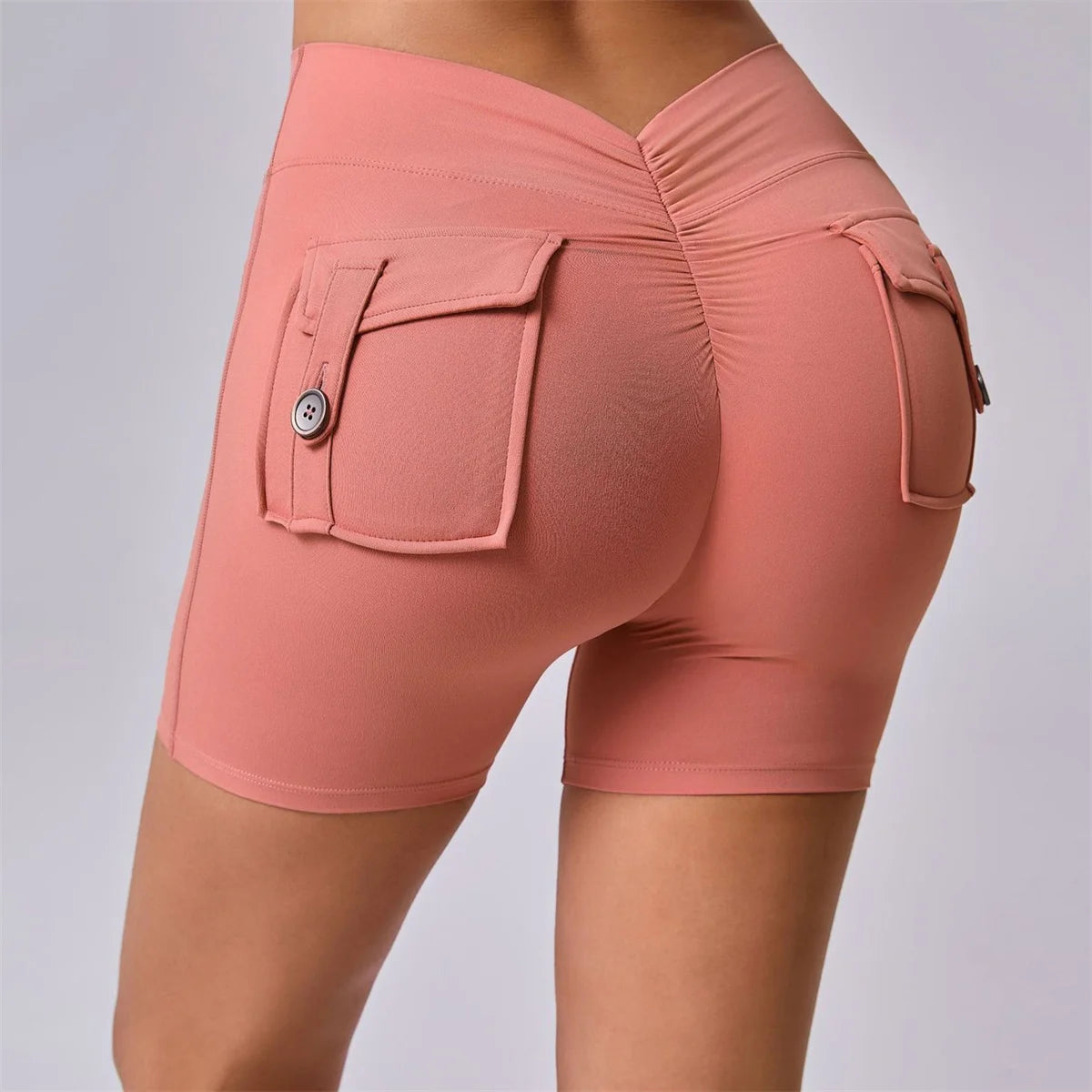 Deep V Back Yoga Shorts Women Pocket Scrunched Butt Gym Leggings High Waist Push Up Tights Sexy Booty Sports Shorts Fitness