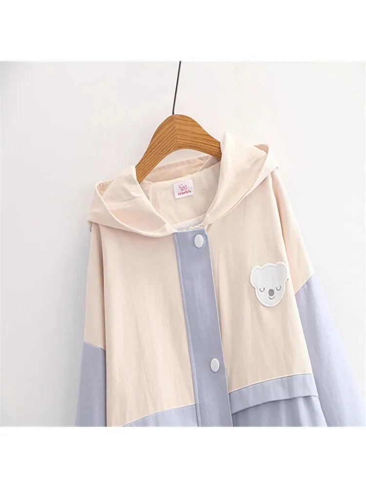 Cartoon Bear Appliques Sweet Style Jacket For Women Autumn Winter Zipper Long Sleeve Basic Jackets Outerwear Coat