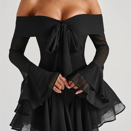 Load image into Gallery viewer, Strapless Long Flare Sleeve Sexy Mini Dress For Women Robe Off-shoulder Backless High Waist A-line Club Party Dress
