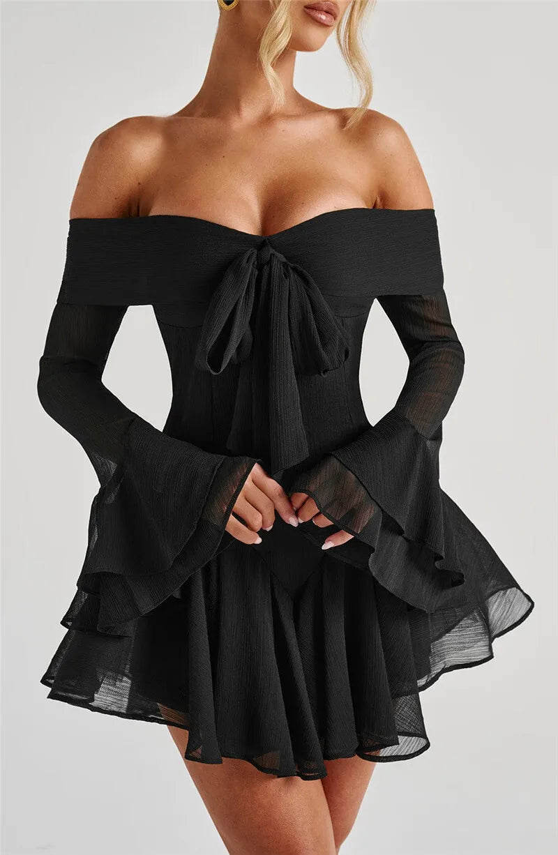 Strapless Long Flare Sleeve Sexy Mini Dress For Women Robe Off-shoulder Backless High Waist A-line Club Party Dress