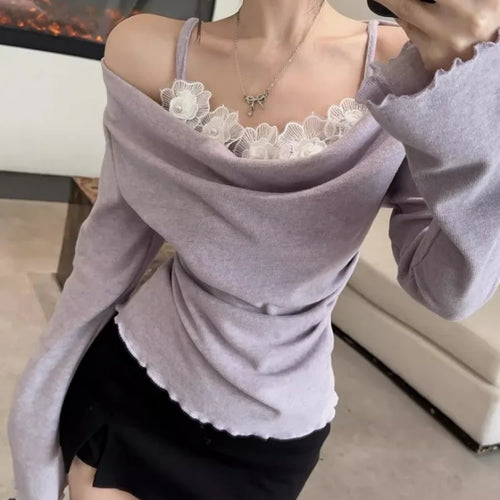 Load image into Gallery viewer, Korean Chic Lace Flower Patchwork T-Shirt Fashion Fairy Gentle Knitted Y2k Top Sweet Pleated Casual Grunge Tee Femme Streetwear
