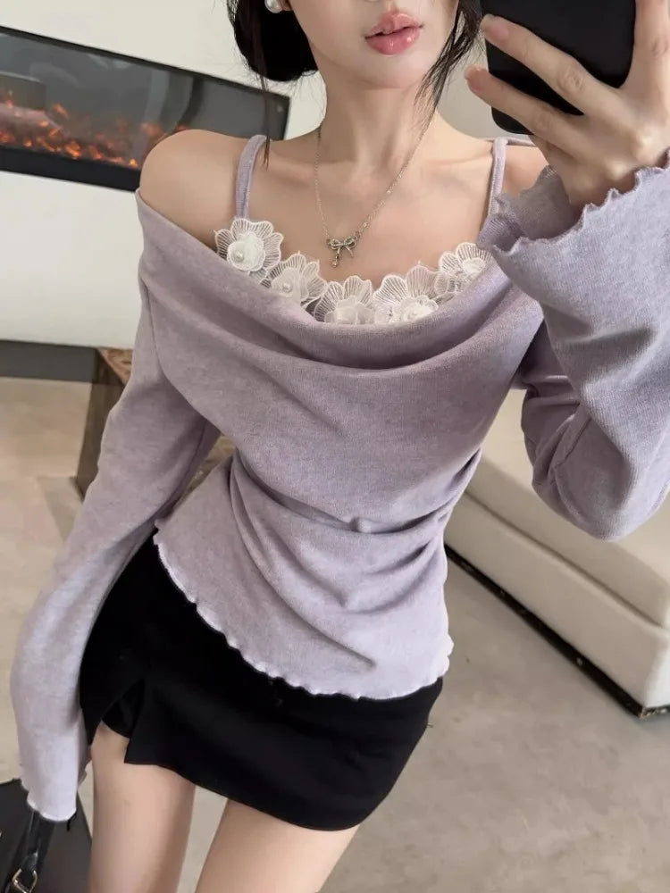 Korean Chic Lace Flower Patchwork T-Shirt Fashion Fairy Gentle Knitted Y2k Top Sweet Pleated Casual Grunge Tee Femme Streetwear