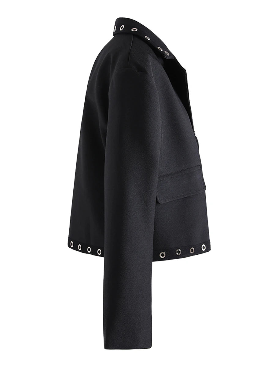 Solid Slimming Spliced Metal Ring Fashion Jackets for Women Lapel Long Sleeves Patchwork Button Jacket Female New