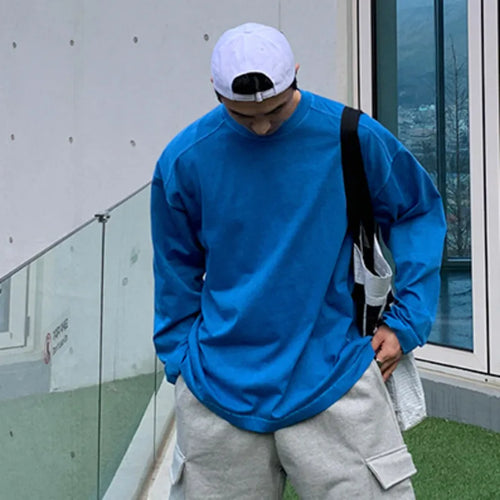 Load image into Gallery viewer, Men's Long Sleeve T-shirts Simple Casual Pullover Stylish Male Spring Loose Solid Color New Korean Trendy Round Neck 9W1455
