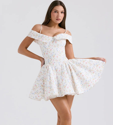 Fashion Summer Dresses 2024 Floral Print Short Party Dresses Off The Shoulder Tulle Dress A Line Women's Clothing