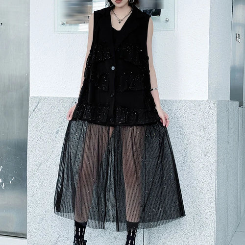 Load image into Gallery viewer, Women Black Singles Breasted Mesh Big Size Midi Vest Dress New Lapel Sleeveless Fashion Tide Spring Autumn 2025 1DJ1041
