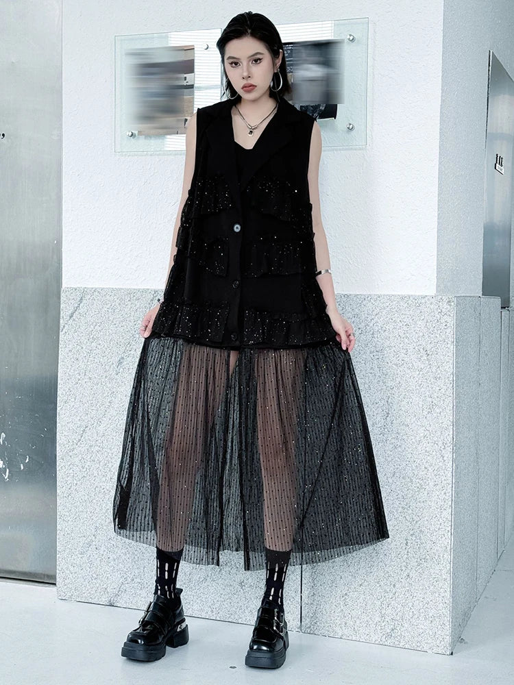 Women Black Singles Breasted Mesh Big Size Midi Vest Dress New Lapel Sleeveless Fashion Tide Spring Autumn 2025 1DJ1041