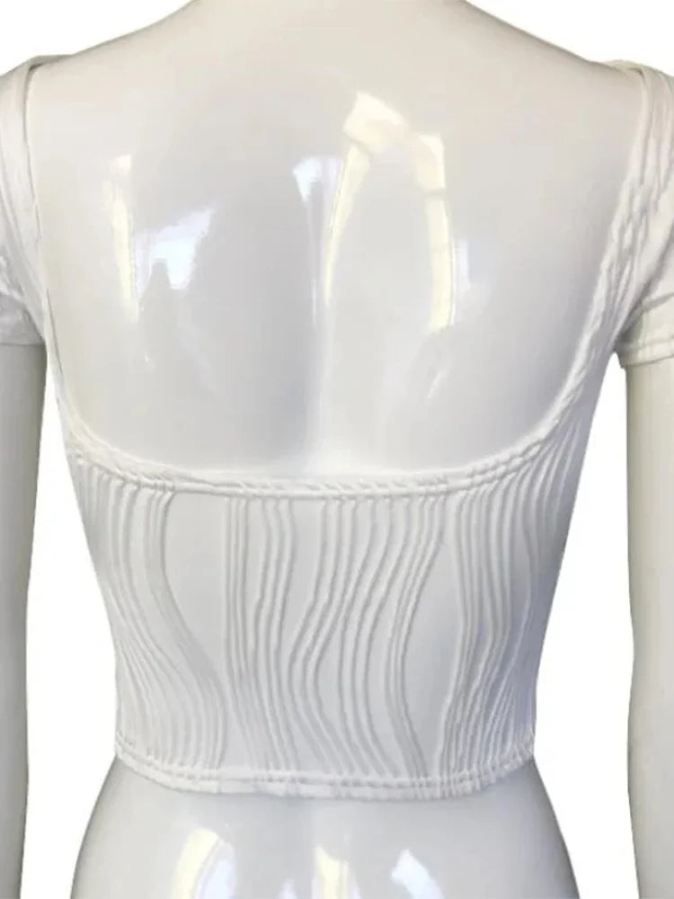 Women Harajuku Crop Tops Summer y2k Clothes 2025 Vintage Slim Short Sleeve Open Back Textured T-Shirts Streetwear 90s