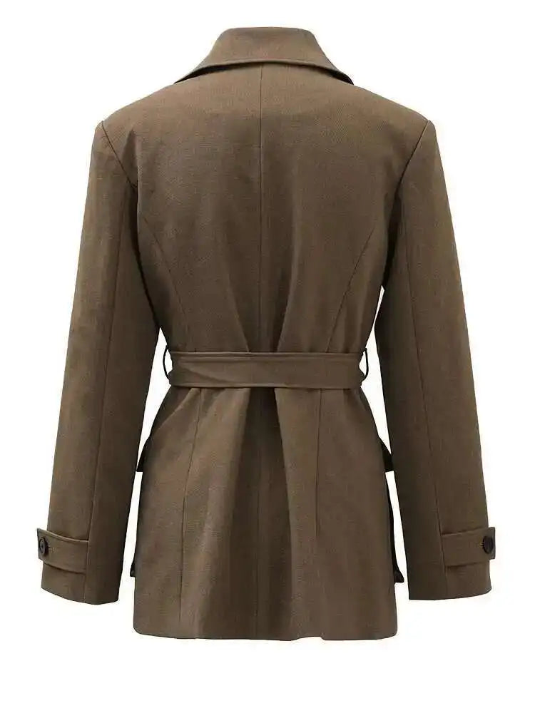 Women Khaki Single Breasted Belted Pocket Elegant Blazer New Lapel Long Sleeve Jacket Fashion Spring Autumn 2025 CPDB212