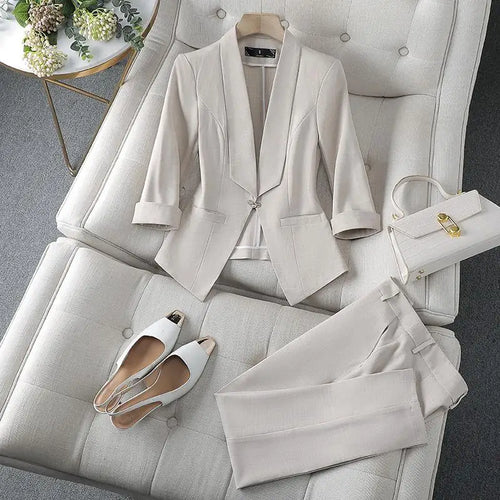 Load image into Gallery viewer, Spring Summer 2023 Flanged Casual Jacket Blazer Slim Pencil Pants Elegant Women&#39;s Pants Suit Office Manager Outfits Two Piece
