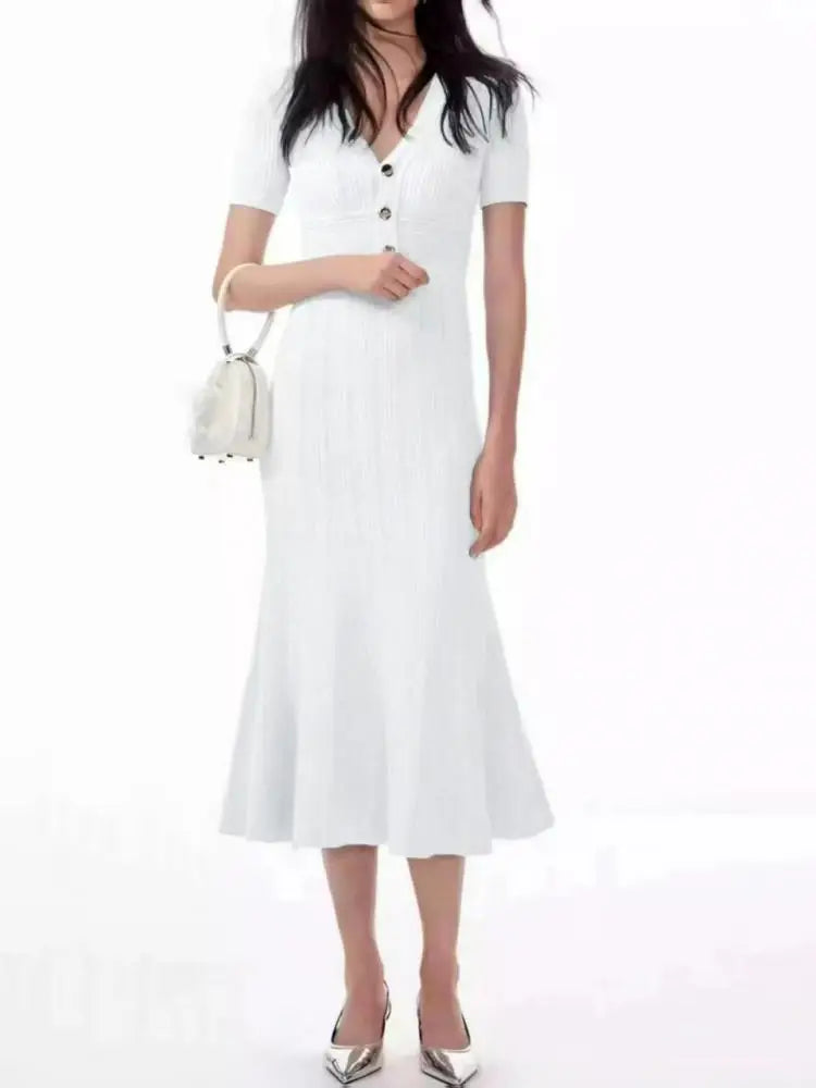 Korean Summer Black White Elegant Office Knit Long Dress Women Blue Red V-neck Slim Short Sleeve Single Breasted Fishtail Dress