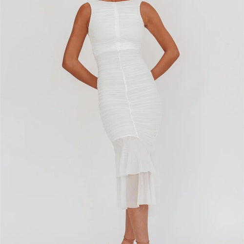 Load image into Gallery viewer, Mesh Backless Ruffle Sexy Maxi Dress Women Gown Two Layer Fabric Fashion Sleeveless Ruched Bodycon Club Long Dress
