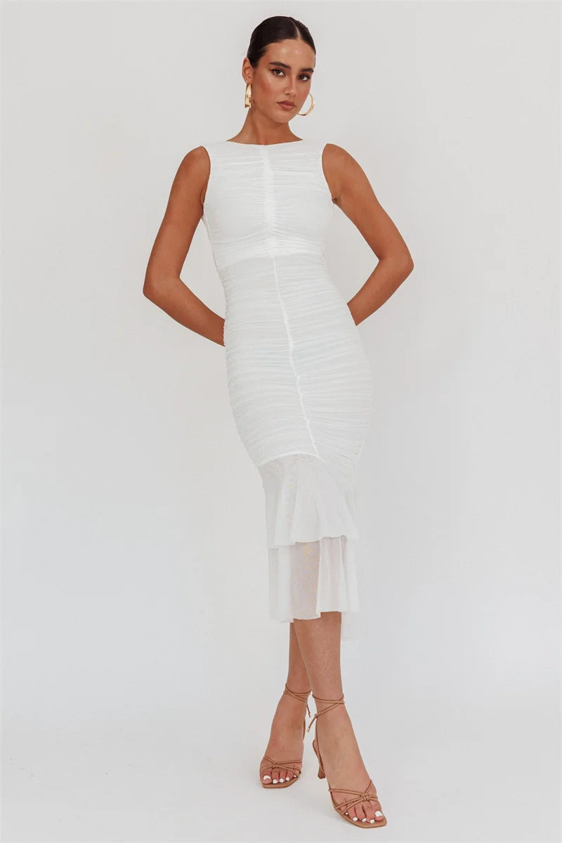 Mesh Backless Ruffle Sexy Maxi Dress Women Gown Two Layer Fabric Fashion Sleeveless Ruched Bodycon Club Long Dress