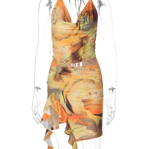 Load image into Gallery viewer, Scenery Print Halter Backless Hollow Out Ruffles Slit Sexy Slim Mini Dress Summer Fashion Beach Vacation Outfit
