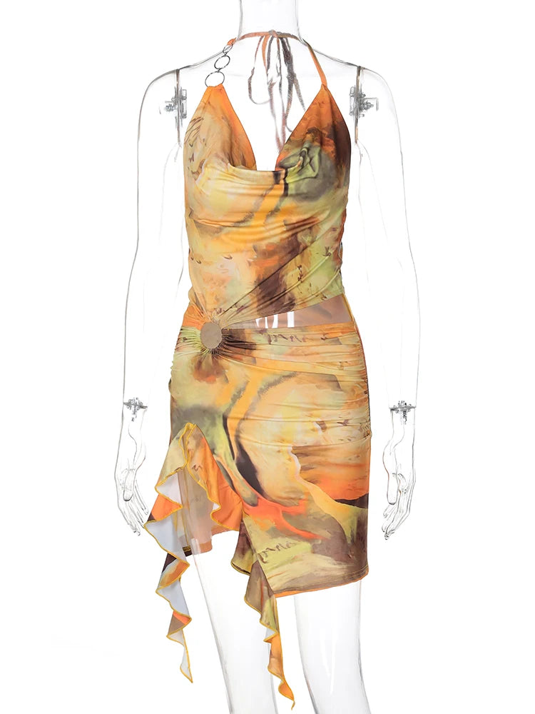 Scenery Print Halter Backless Hollow Out Ruffles Slit Sexy Slim Mini Dress Summer Fashion Beach Vacation Outfit