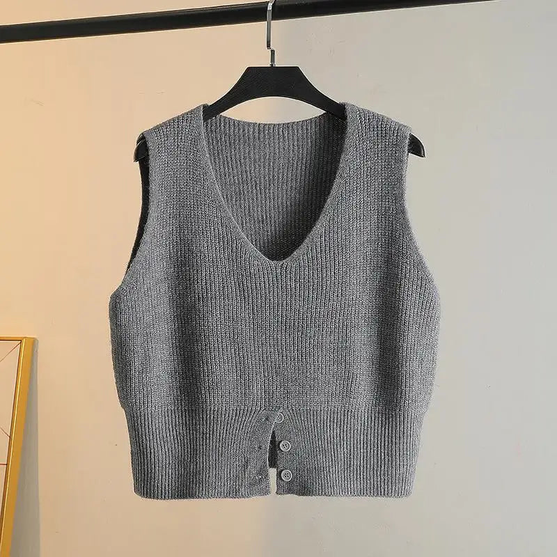 Women Solid V Neck New Holiday Loose Sleeveless Short Sweater Vest Autumn Winter Casual Versatile Split Knit Tank Tops Fashion