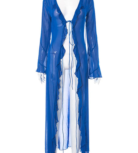 Mesh Long Sleeve Black See Through Cardigan Lace Up Sexy Midi Dress 2023 Summer Women Fashion Beach Party Club Outfit