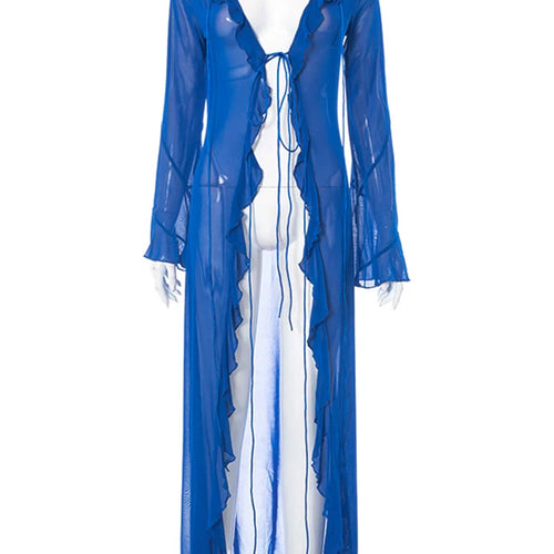 Load image into Gallery viewer, Mesh Long Sleeve Black See Through Cardigan Lace Up Sexy Midi Dress 2023 Summer Women Fashion Beach Party Club Outfit
