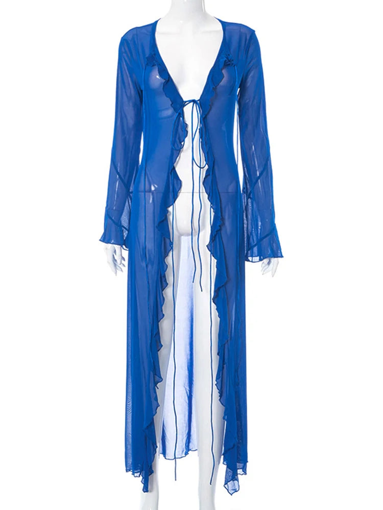 Mesh Long Sleeve Black See Through Cardigan Lace Up Sexy Midi Dress 2023 Summer Women Fashion Beach Party Club Outfit