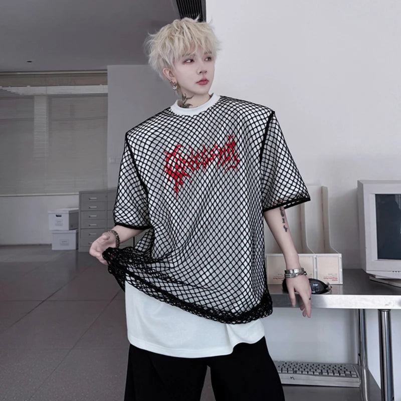 Men's T-shirts New Summer Round Neck Mesh Cloth Fake Two-Piece Letter Printed Male Short Sleeved Trendy Pullover Top 9W1800