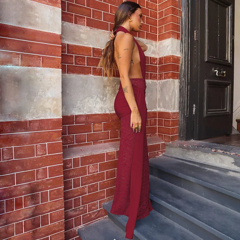 Halter Deep V Neck Sexy Maxi Dress For Women Elegant Fashion Lace Sleeveless Backless Ruched Bodycon Club Long Dress