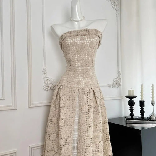 Load image into Gallery viewer, Summer 2024 Khaki Sleeveless Backless Elegant Sexy Club Strapless Dress Women Hollow Out Flower Crochet Party Long Dress Popular
