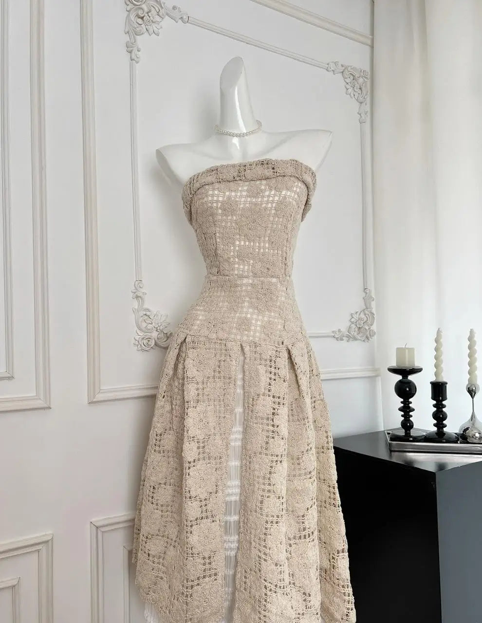 Summer 2024 Khaki Sleeveless Backless Elegant Sexy Club Strapless Dress Women Hollow Out Flower Crochet Party Long Dress Popular