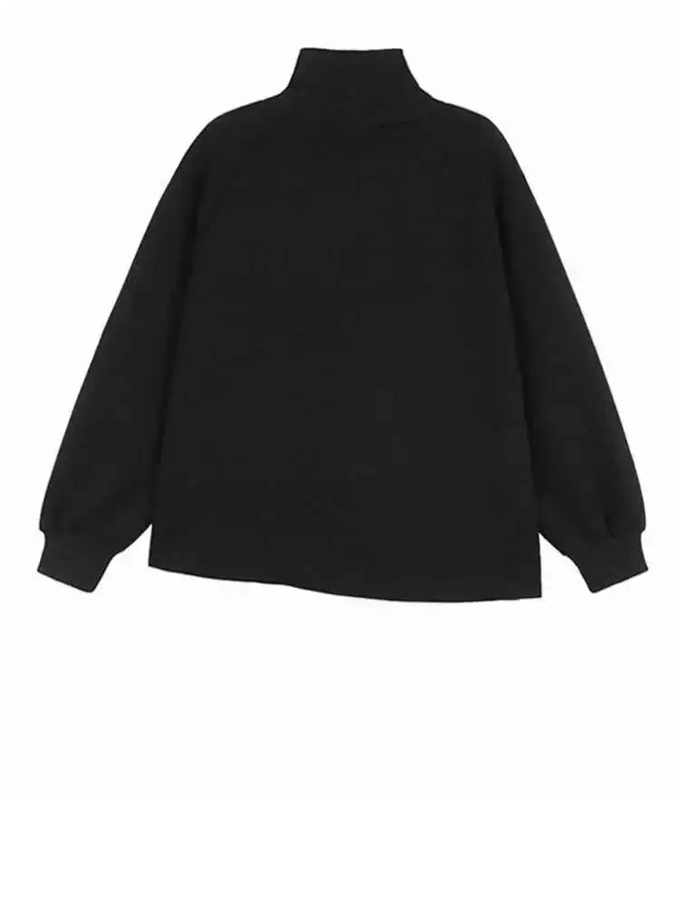 Black Irregular Hem Zipper Sweatshirt New Turtleneck Long Sleeve Women Big Size Fashion Tide Spring Autumn 2025 1DH7190