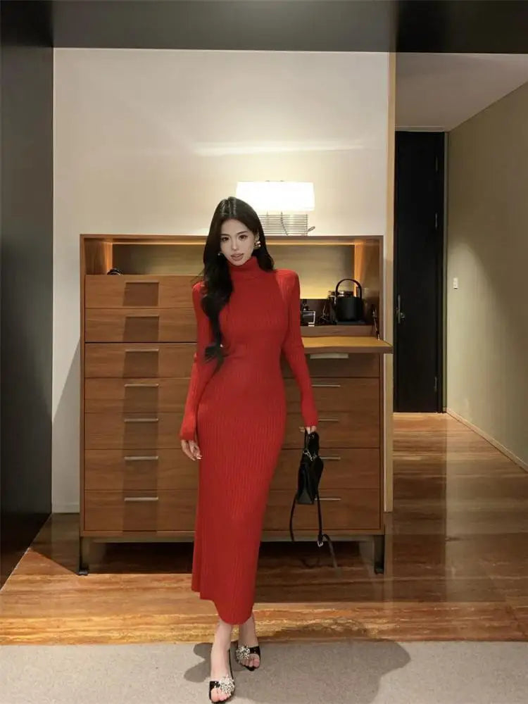 New Solid High Collar Long Sleeve Festival Knitted Dress Autumn Winter French Fashion Slim Long Sleeves Elegant Wrap Hip Dresses