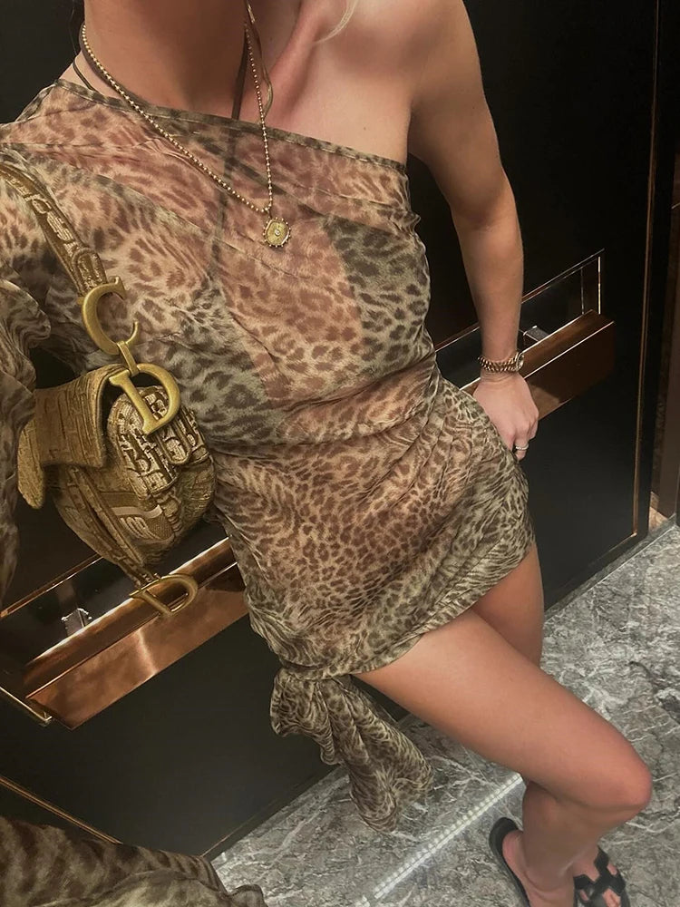 One Shoulder Leopard Print Maxi Dress Women Inclined Shoulder Backless Beach Holiday Vacation Club Sexy Long Dress