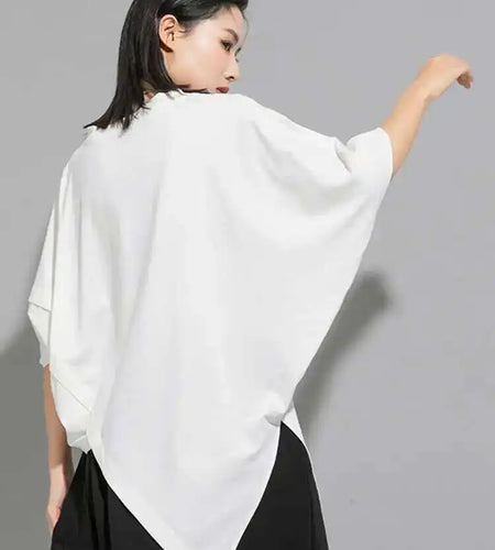 Women Black Irregular Big Size Casual T-shirt New V-Neck Half Batwing Sleeve Fashion Tide Spring Summer 2025 1DE7646