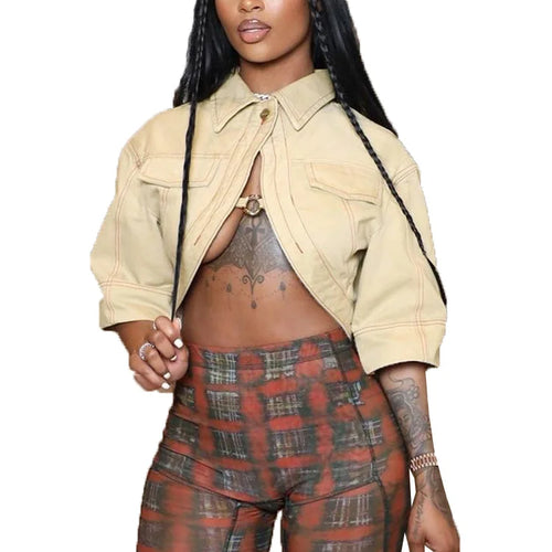 Load image into Gallery viewer, Small Personality Woman Jacker Button Metal Ring Autumn Cardigan Outdoor Street Fashion Half-Sleeved Lapel Short Coat
